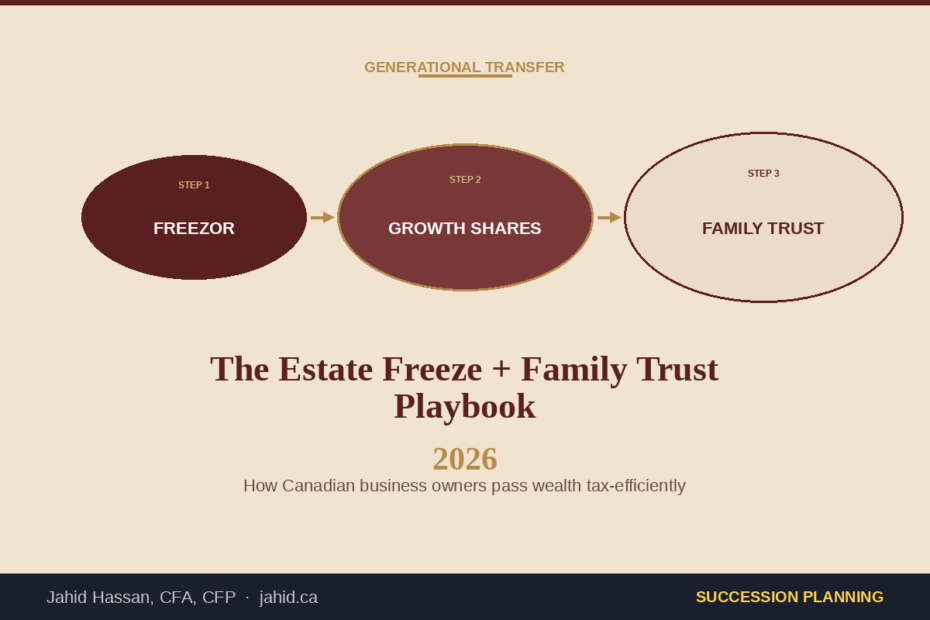 Estate Freeze Canada 2026: Family Trust Playbook cover — three-step generational transfer diagram from Freezor to Growth Shares to Family Trust