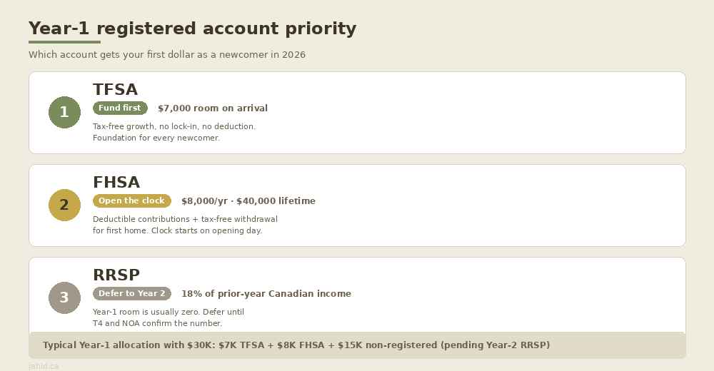 Year-1 registered account priority for newcomers: TFSA first, FHSA second, RRSP defer to Year 2