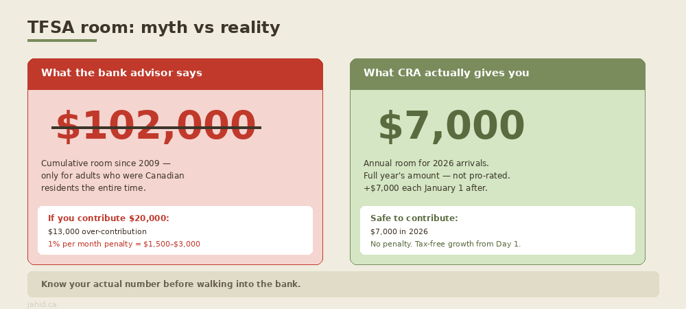TFSA room myth vs reality: bank advisor says $102,000, CRA actually gives newcomers $7,000 for 2026