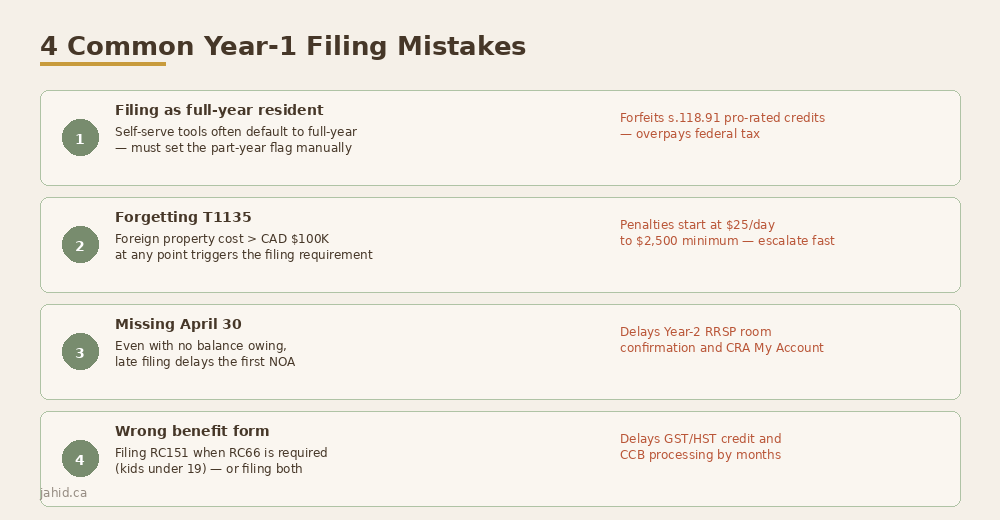 4 Common Year-1 Filing Mistakes: filing as full-year resident, forgetting T1135, missing April 30, wrong benefit form