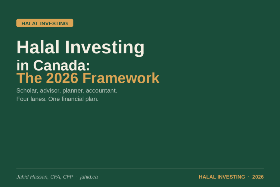Halal Investing in Canada 2026 cover — a CFP planner's framework for Muslim investors covering scholar, advisor, planner, and CPA roles