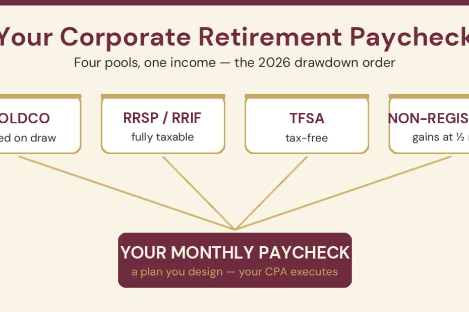 Four retirement income pools — holdco, RRSP/RRIF, TFSA, and non-registered savings — feeding one monthly retirement paycheck envelope, illustrating the 2026 Canadian corporate decumulation drawdown order