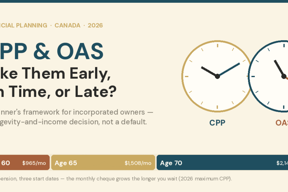 CPP and OAS timing for Canadian incorporated business owners in 2026 — two clocks over a lifetime income bar showing maximum monthly CPP growing from 964.90 dollars at age 60 to 1507.65 at 65 to 2140.86 at 70