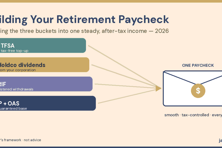 Building your retirement paycheck — CPP and OAS, a RRIF, holdco dividends and a TFSA blended into one steady after-tax income, a 2026 planner framework
