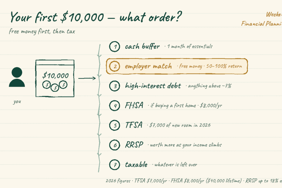 Hand-drawn waterfall diagram: fill your first 10,000 dollars in order - cash buffer, employer match (free money), high-interest debt, FHSA, TFSA, RRSP, then a taxable account.
